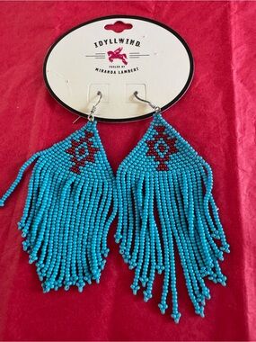Idyllwind Turquoise Seed Bead Fringe Earrings with Red Accent